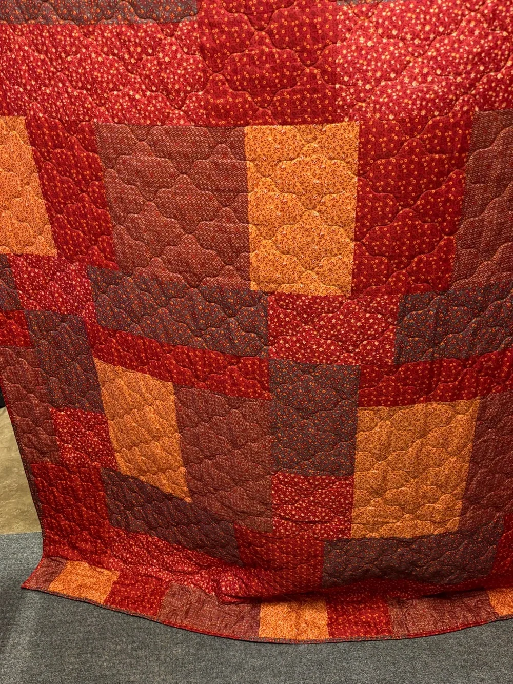 Warm Tones Patchwork Comforter in Red, Orange, and Brown